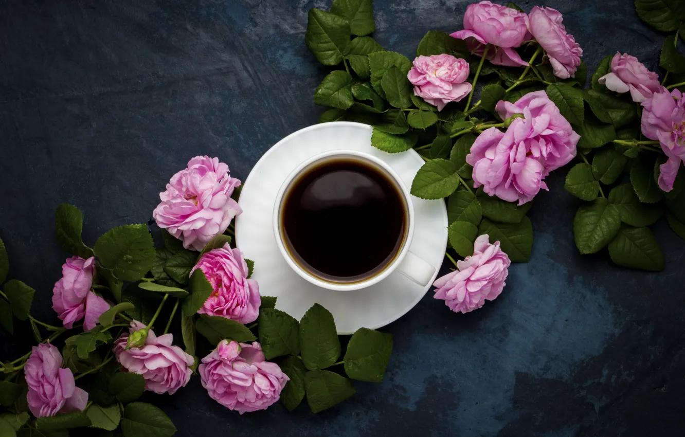 Photo wallpaper coffee, roses, Cup, composition