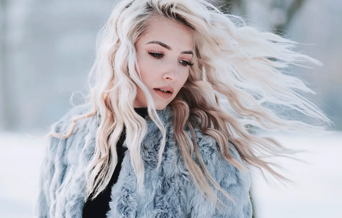 Photo wallpaper winter, girl, snow, background, makeup, hairstyle, blonde, coat