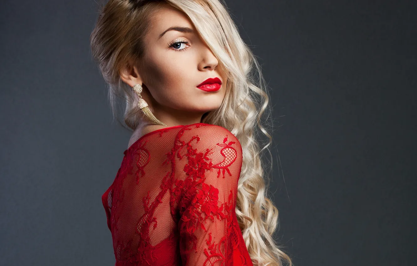 Photo wallpaper girl, portrait, makeup, blonde, red dress, long hair