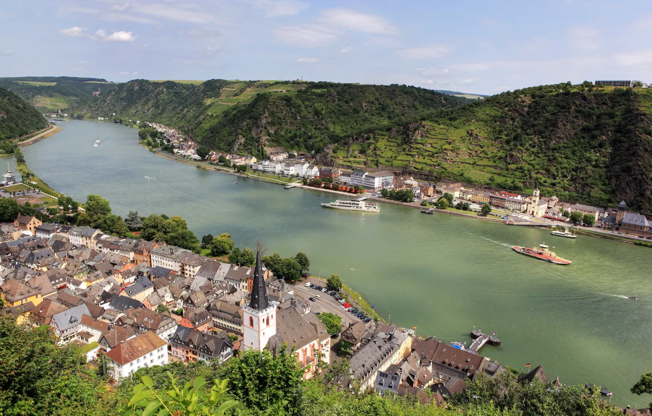 Photo wallpaper mountains, the city, river, photo, home, Germany, Sankt Goar