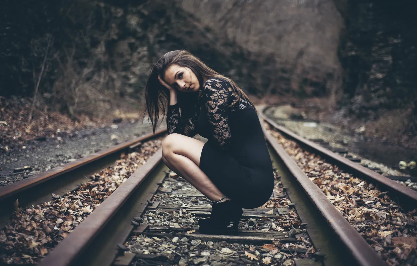 Photo wallpaper girl, black, dress, beautiful, autumn, rails, Sight