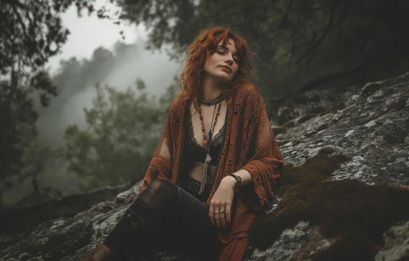 Photo wallpaper forest, girl, decoration, branches, nature, pose, fog, smile