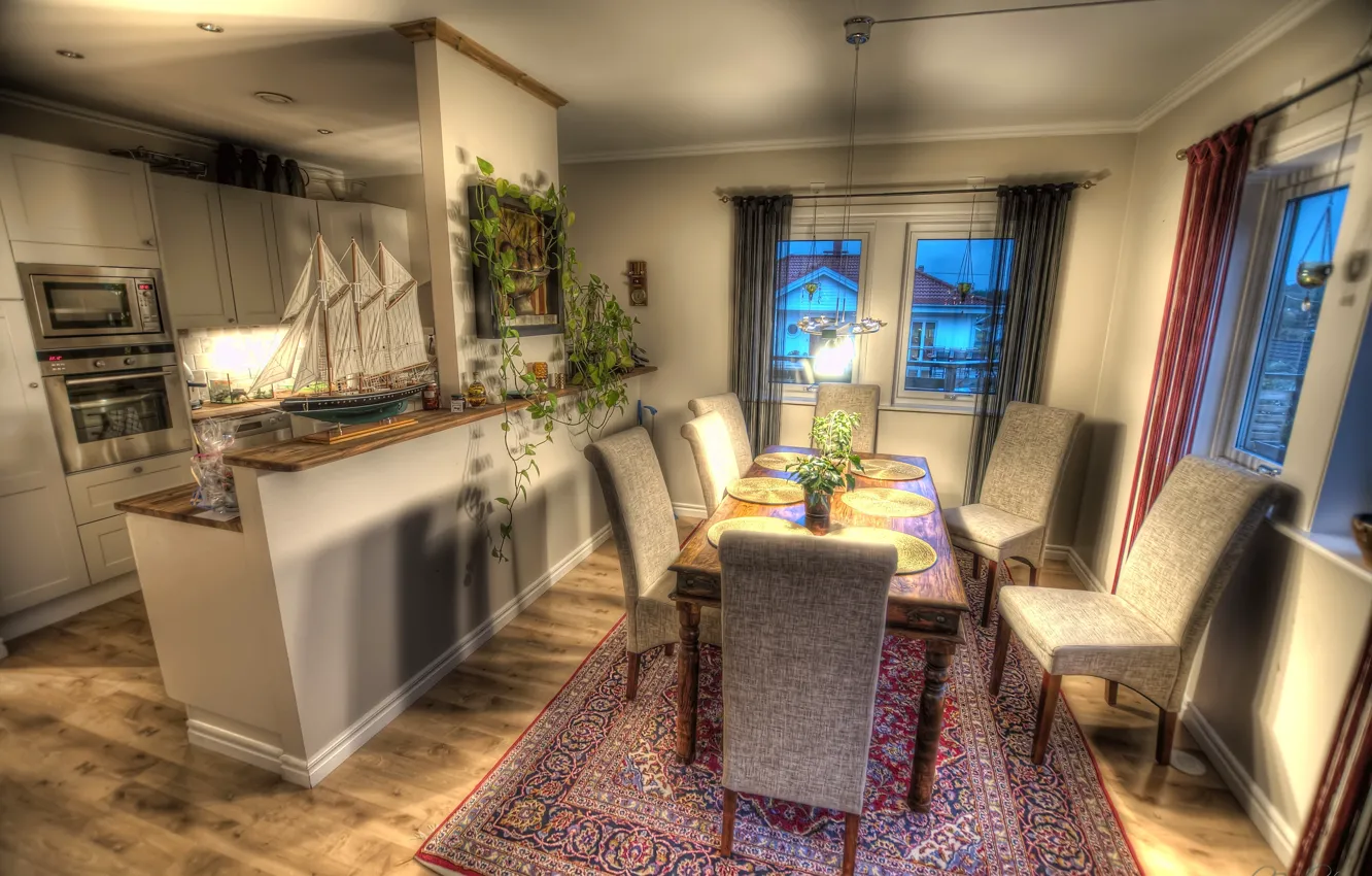 Photo wallpaper design, photo, table, carpet, chairs, HDR, interior, kitchen