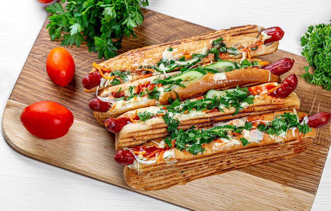 Photo wallpaper photo, sausage, food, tomatoes, hot dog, cutting Board