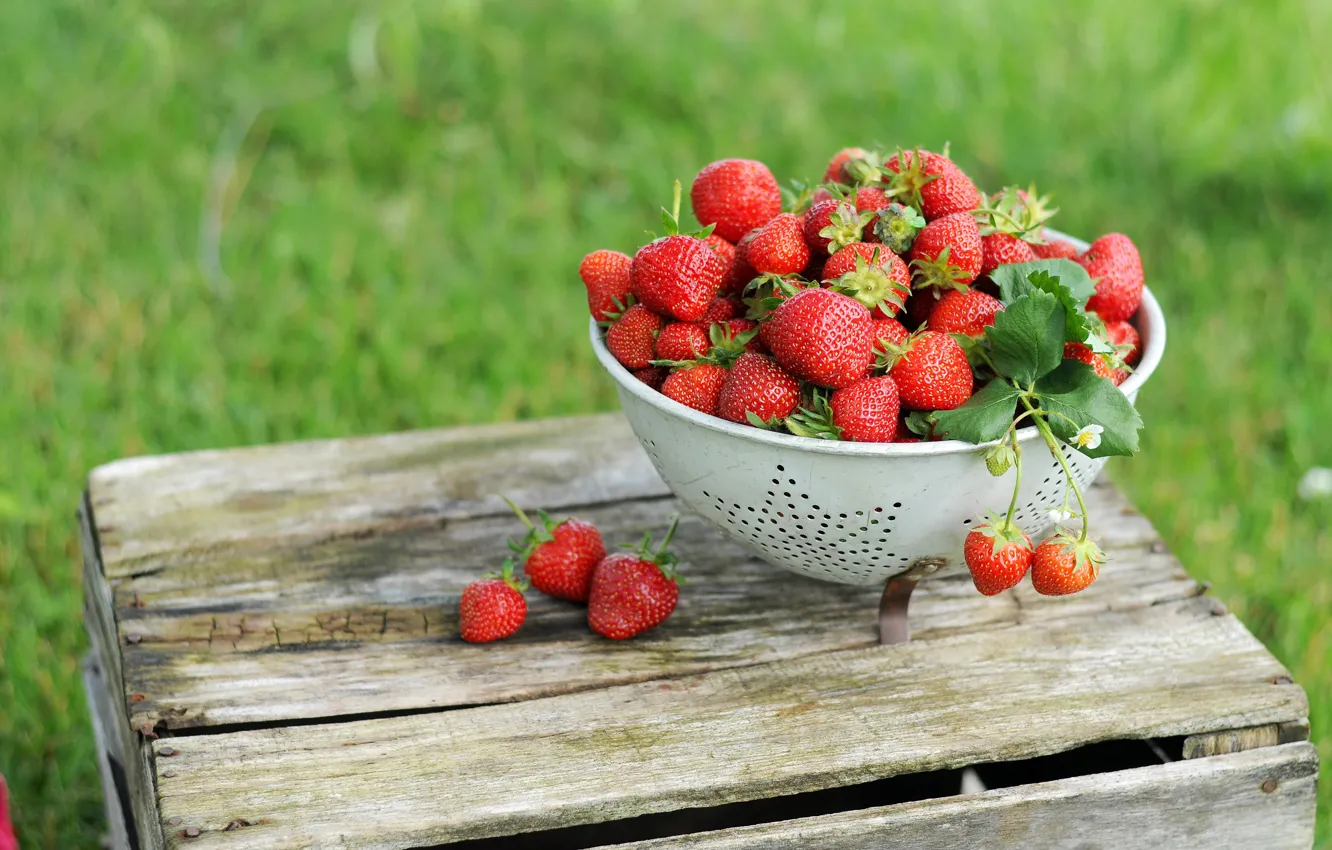 Photo wallpaper summer, grass, berries, glade, harvest, strawberry, box, дуршлыг