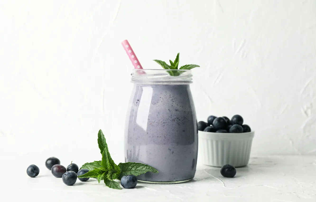 Photo wallpaper berries, blueberries, cocktail, milk