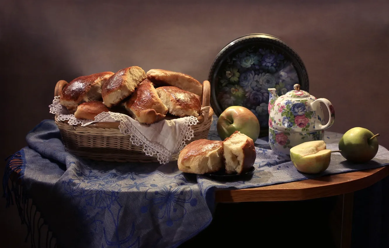 Photo wallpaper apples, kettle, still life, shawl, tray, cakes