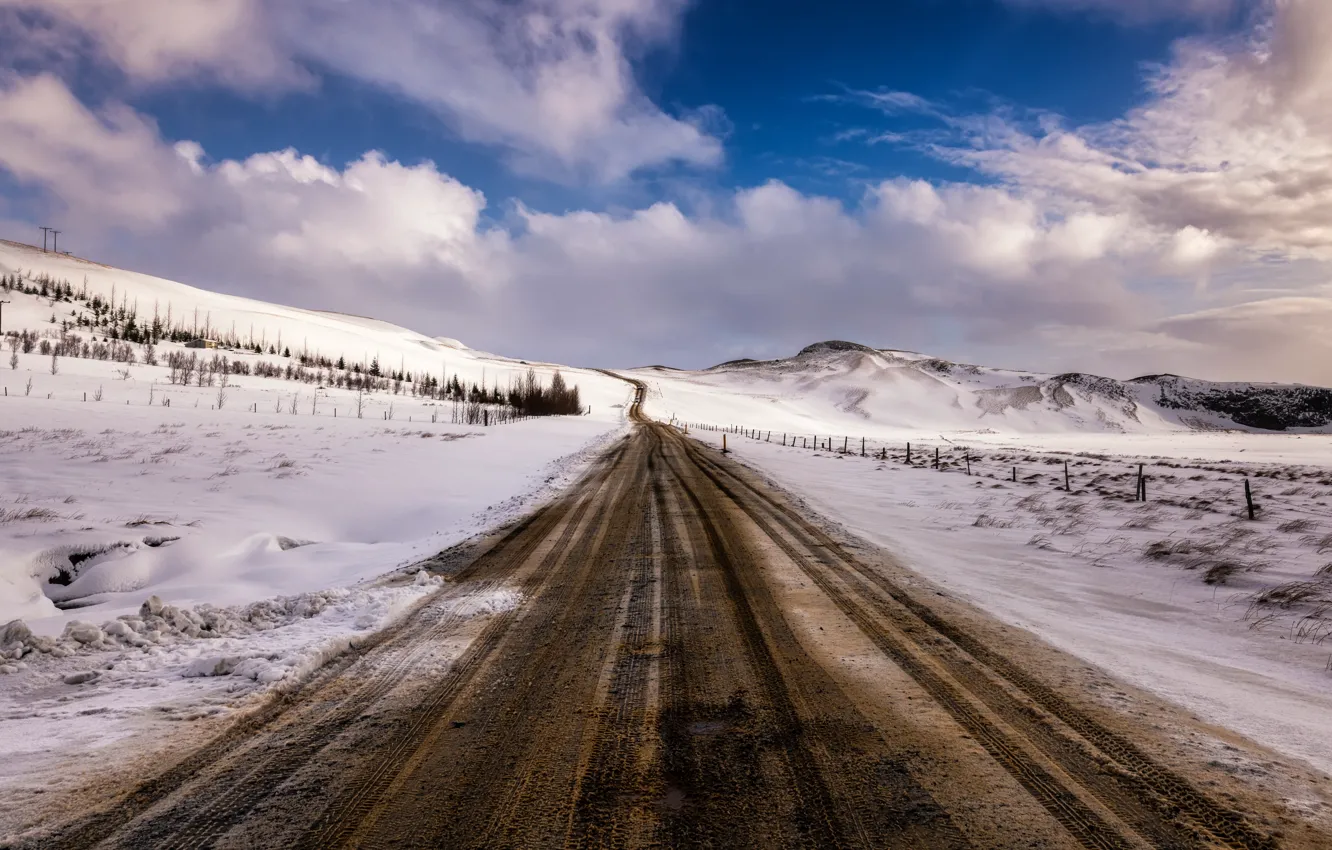 Photo wallpaper road, field, snow