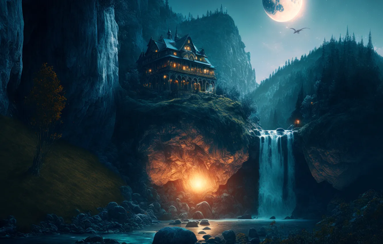Photo wallpaper lights, waterfall, twilight, the full moon, mountain river, wooded hills, castle in the mountains