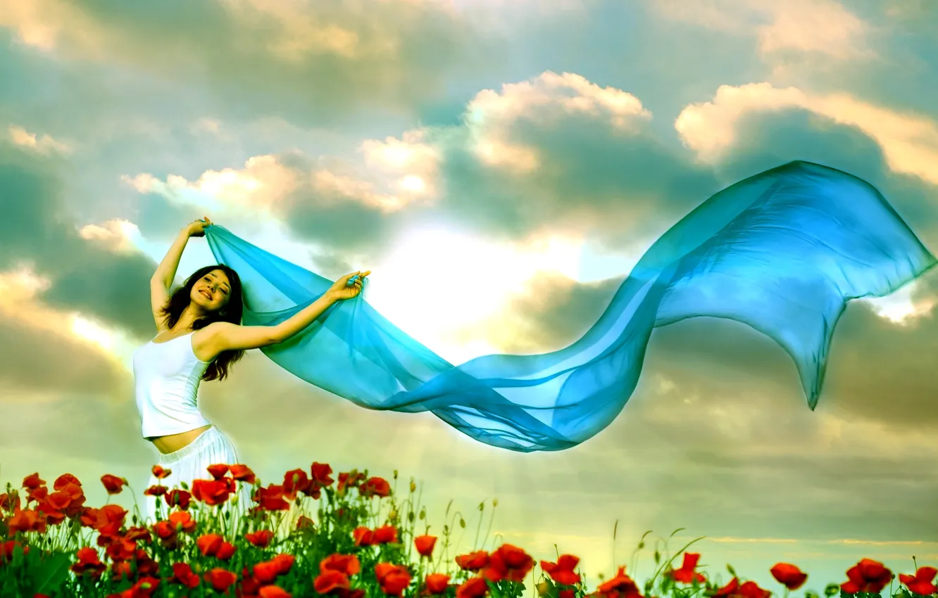 Photo wallpaper girl, summer, field, joy, veil