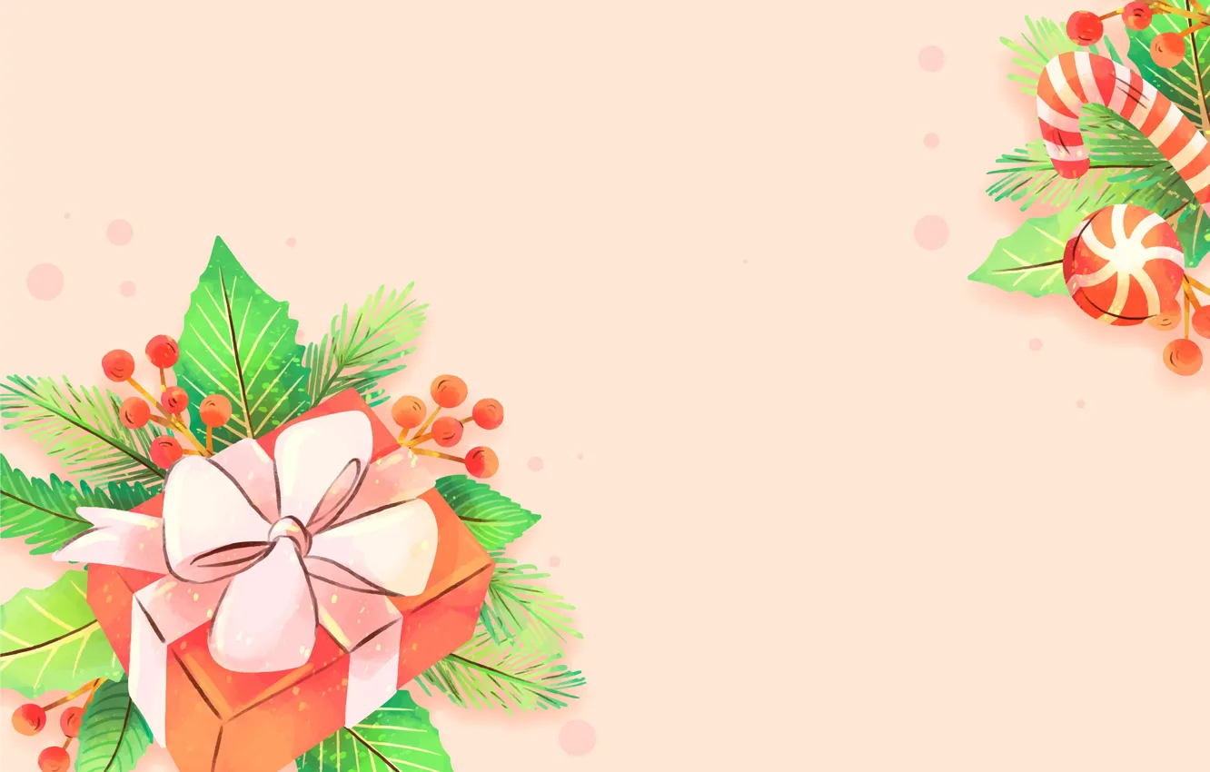Photo wallpaper leaves, balls, branches, background, holiday, box, gift, graphics