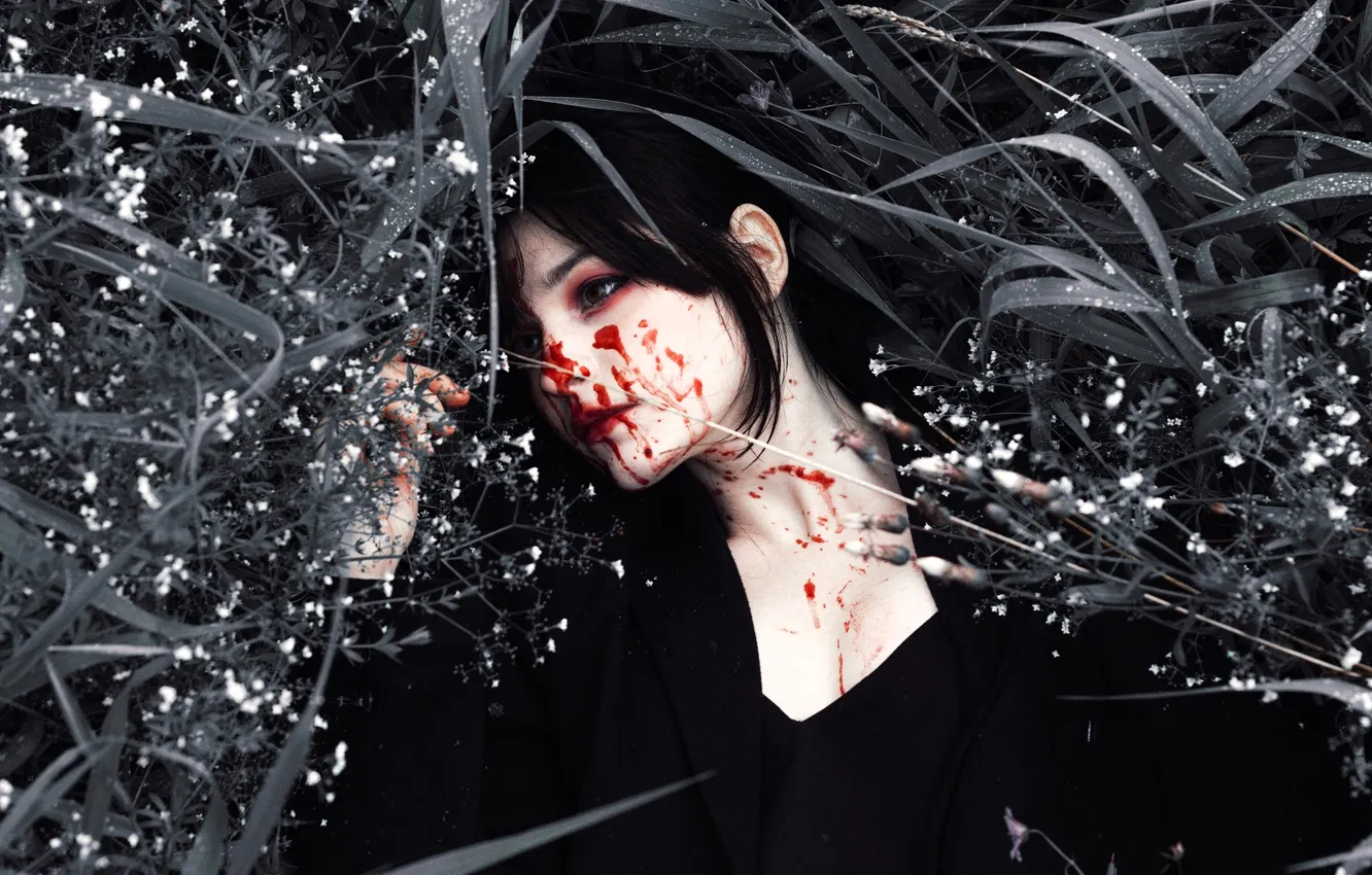 Photo wallpaper grass, face, blood, brunette, image, cosplay, tenletters