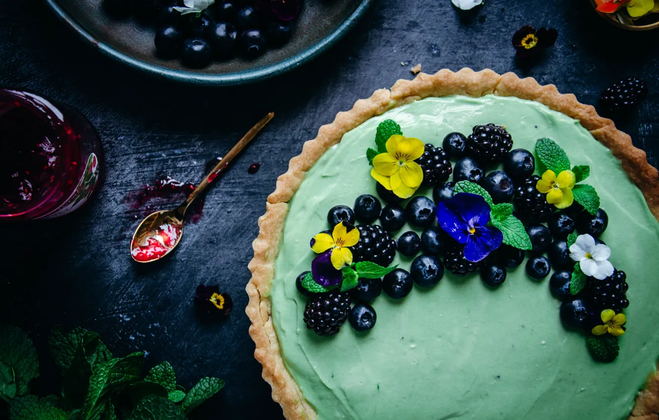 Photo wallpaper flowers, blue, yellow, green, berries, the dark background, table, blueberries