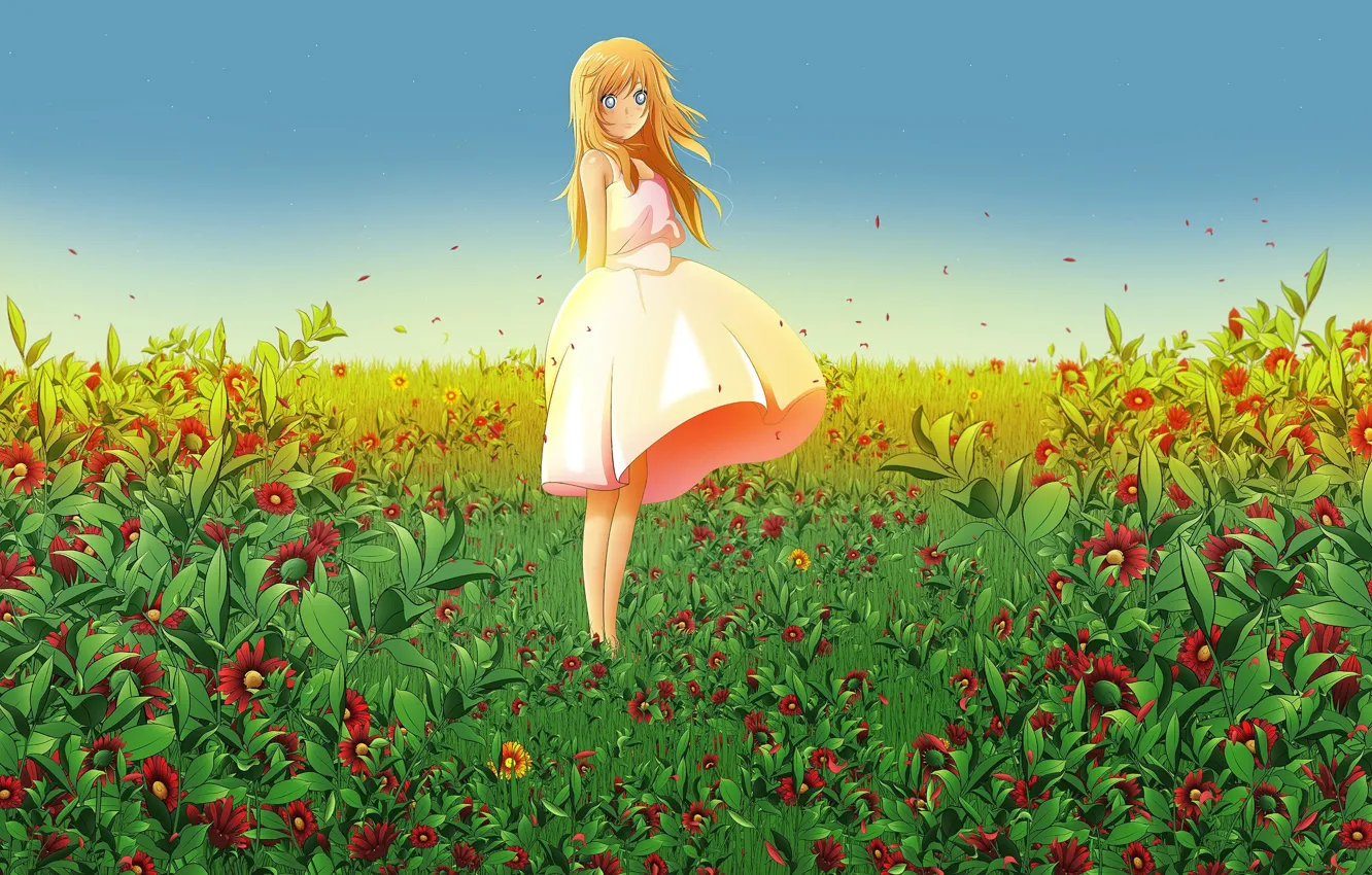 Photo wallpaper summer, bouquet, girl, blue eyes, one, long hair, flower field, sundress