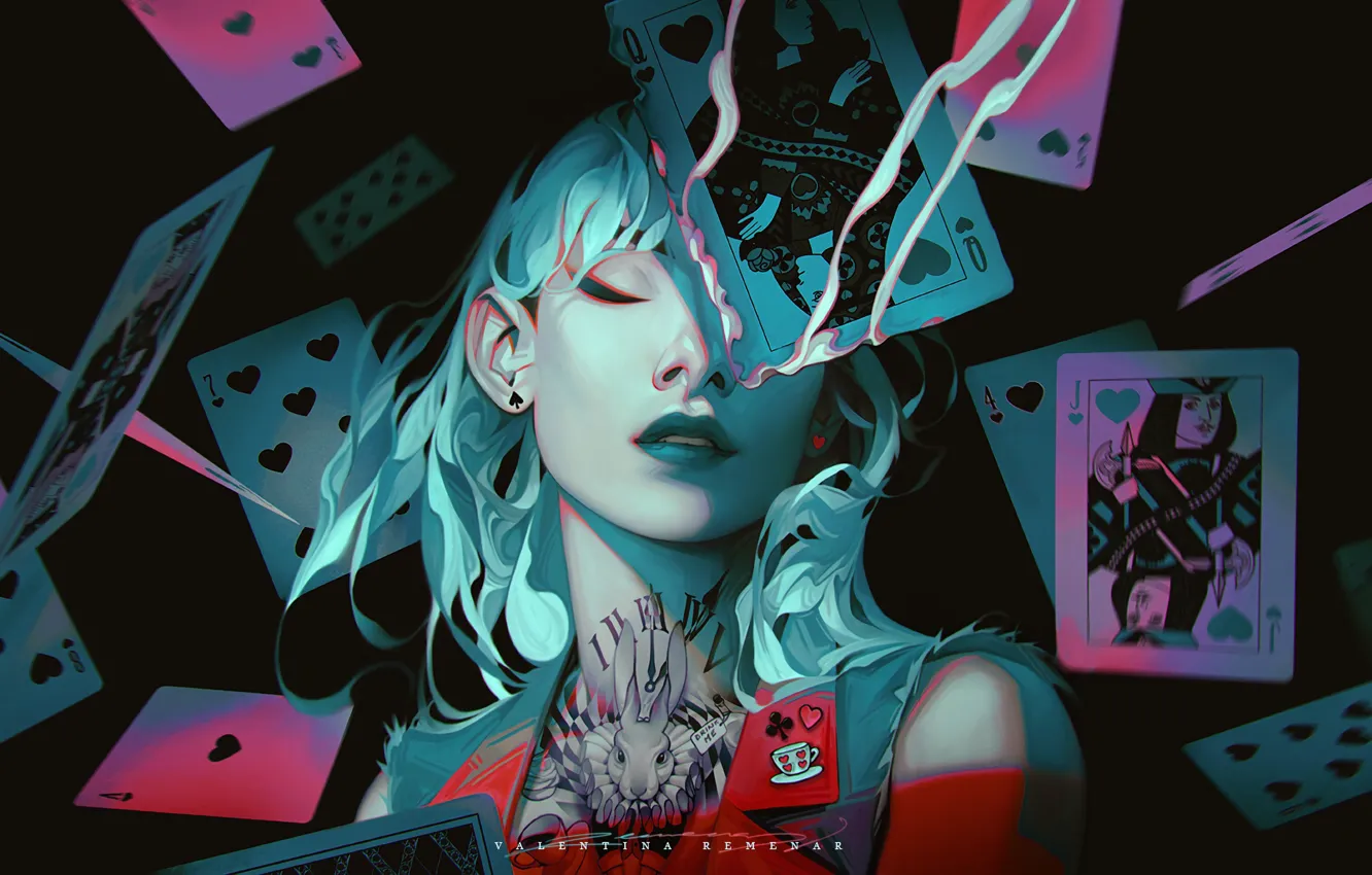 Photo wallpaper girl, fantasy, Alice in Wonderland, rabbit, tattoo, artist, digital art, artwork