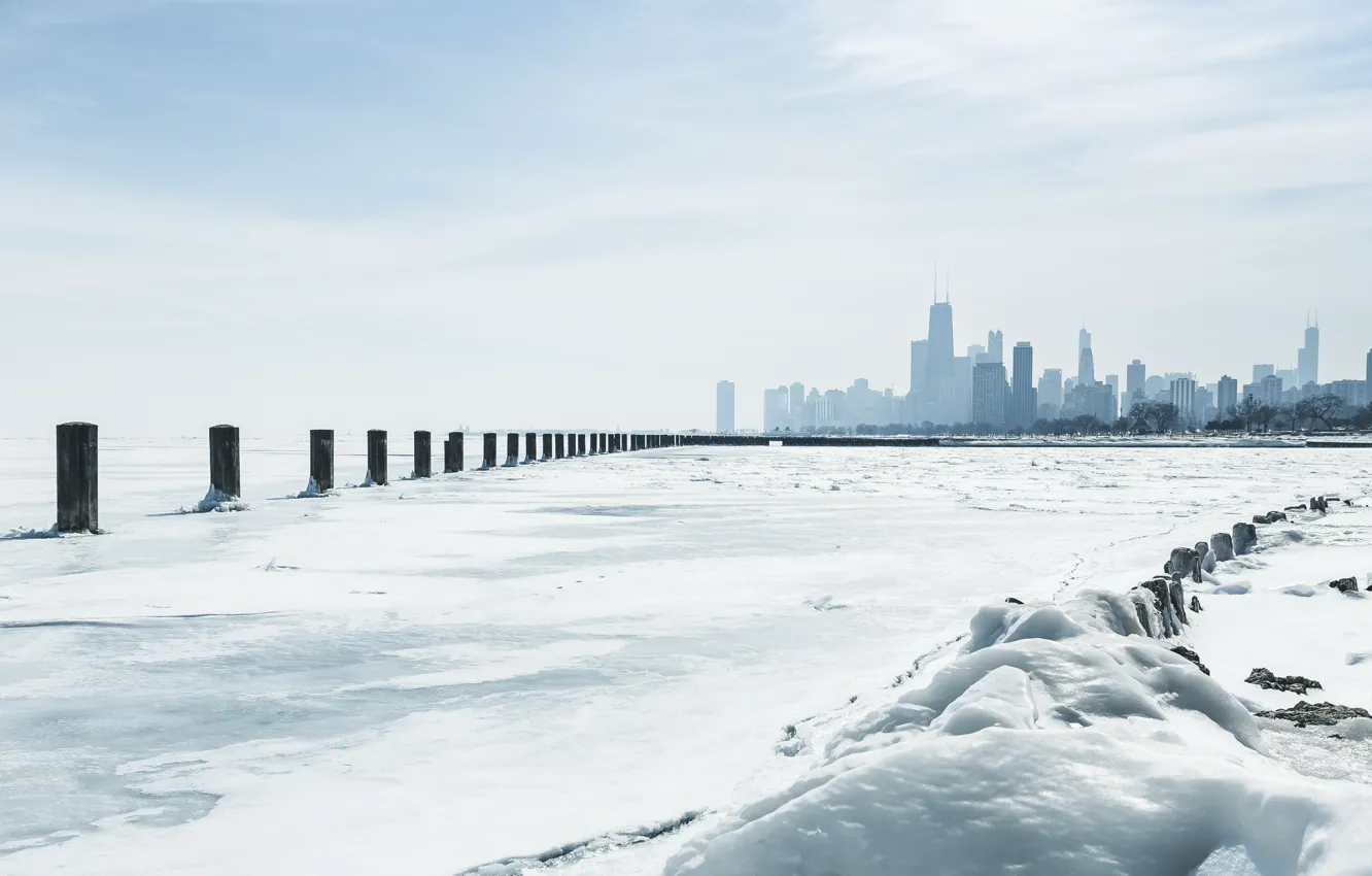 Photo wallpaper Chicago, Winter, Lake, Michigan