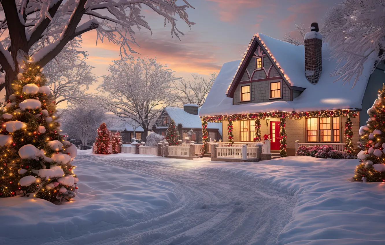 Photo wallpaper winter, snow, decoration, night, the city, lights, street, tree