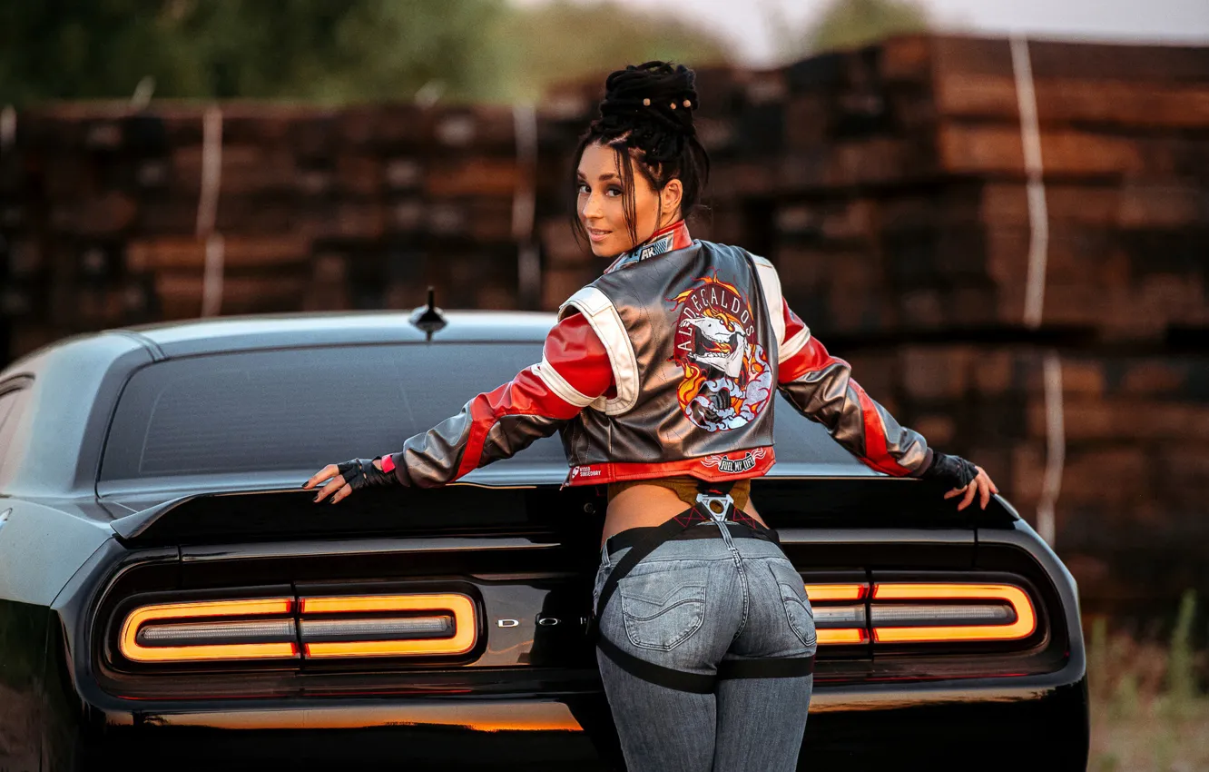 Photo wallpaper ass, Dodge Challenger, bodysuit, sky, clouds, jeans, gloves, Cyberpunk 2077