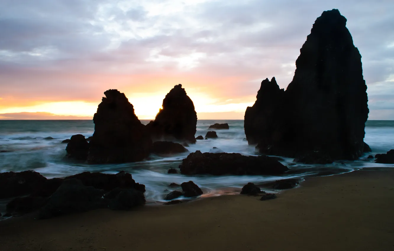 Photo wallpaper sand, sunset, stones, rocks, shore, Sea