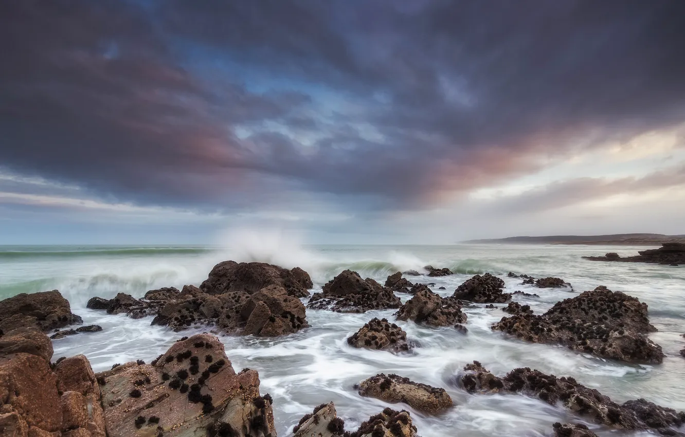 Photo wallpaper sea, the sky, clouds, stones, rocks, shore, New Zealand, sea
