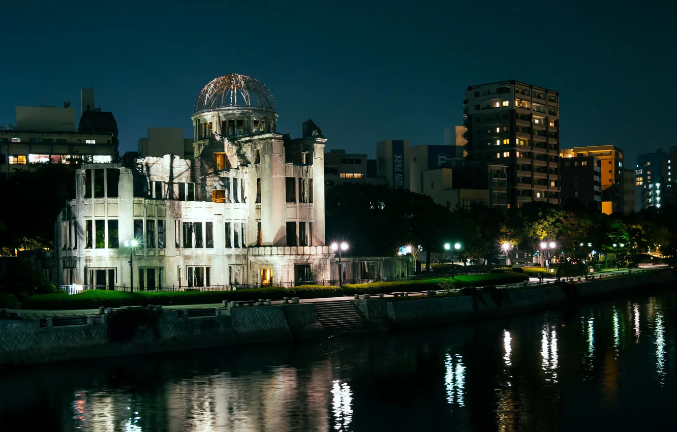 Photo wallpaper night, the city, river, photo, home, Japan, Hiroshima, Genbaku Dome