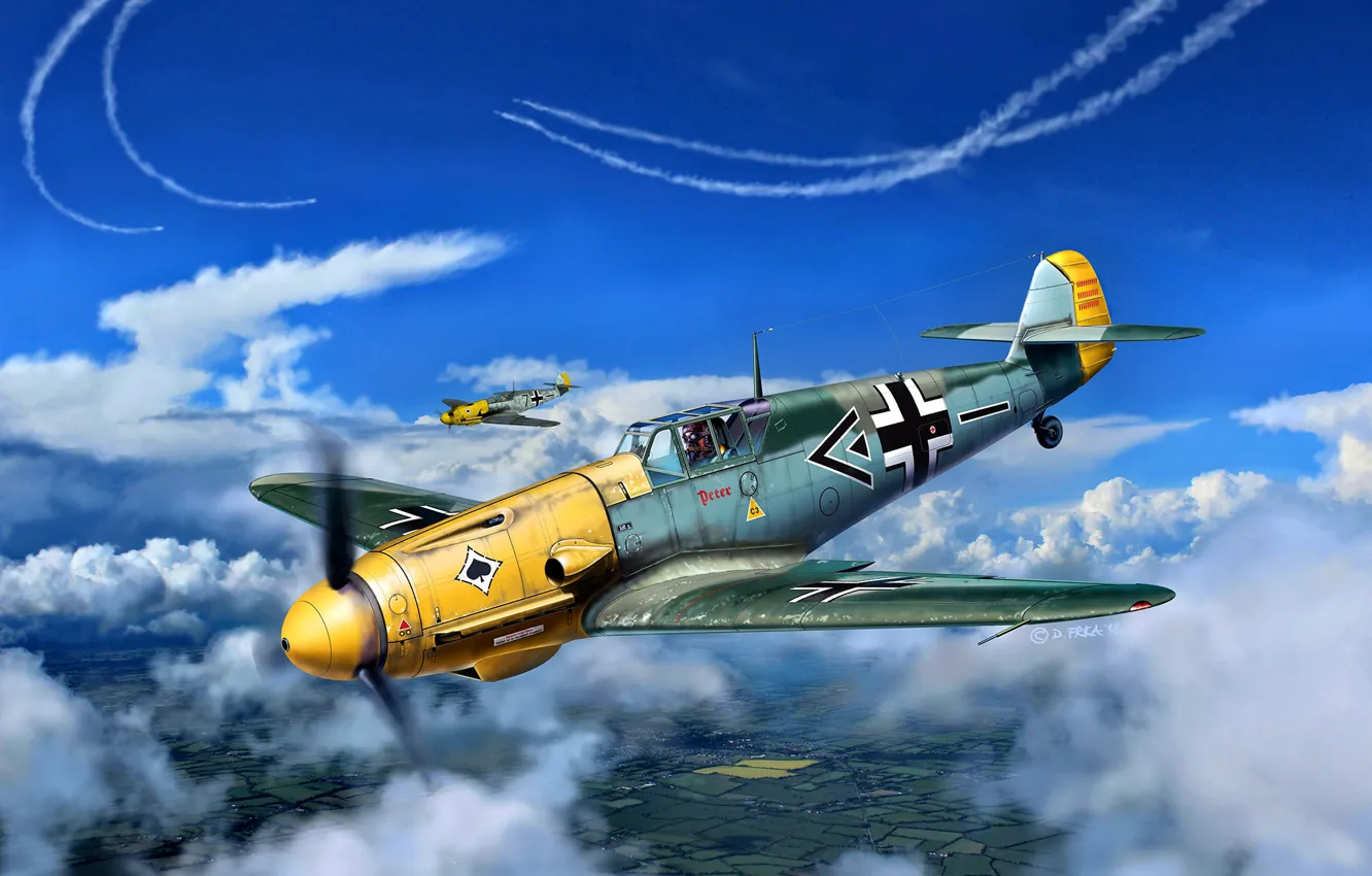 Photo wallpaper Messerschmitt, Bf-109, WWII, Bf.109F-2, ''Pick As'', JG53, Hptm.Heinz Bretnütz, II./JG53
