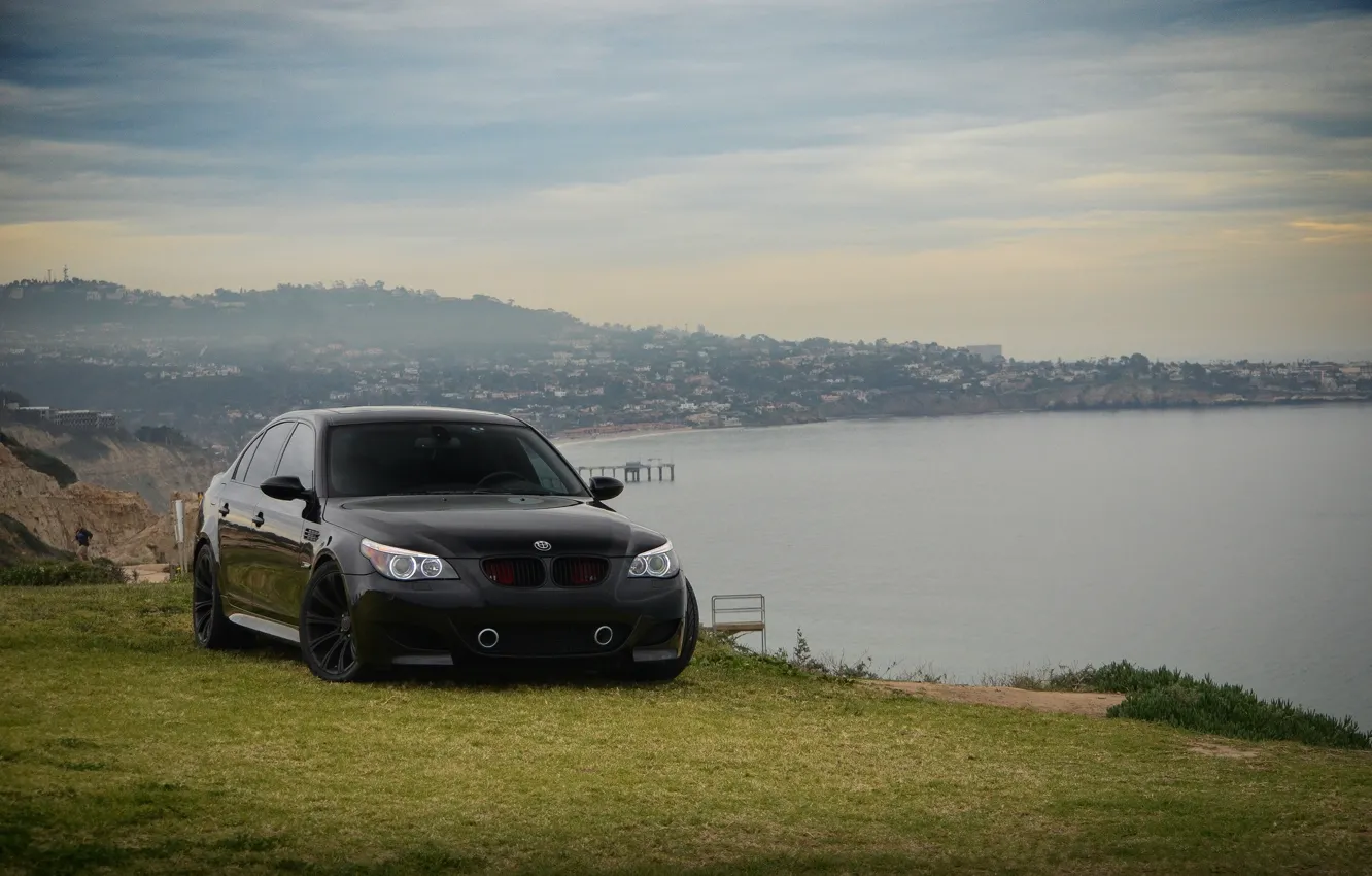 Photo wallpaper sea, the sky, clouds, black, tuning, bmw, BMW, slope