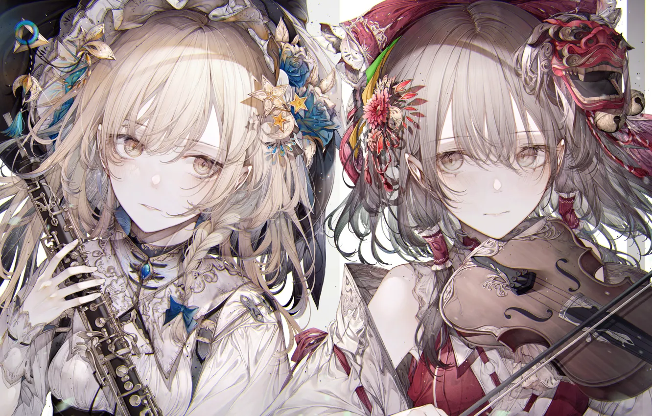 Photo wallpaper violin, priestess, flute, bow, pigtail, bangs, ruffles, flower in hair