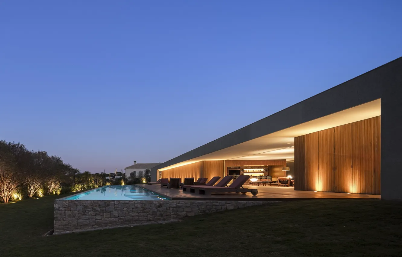 Photo wallpaper Villa, the evening, pool, lighting, outdoor-indoor house, by Studio Marcio Kogan-27, Casa Lee