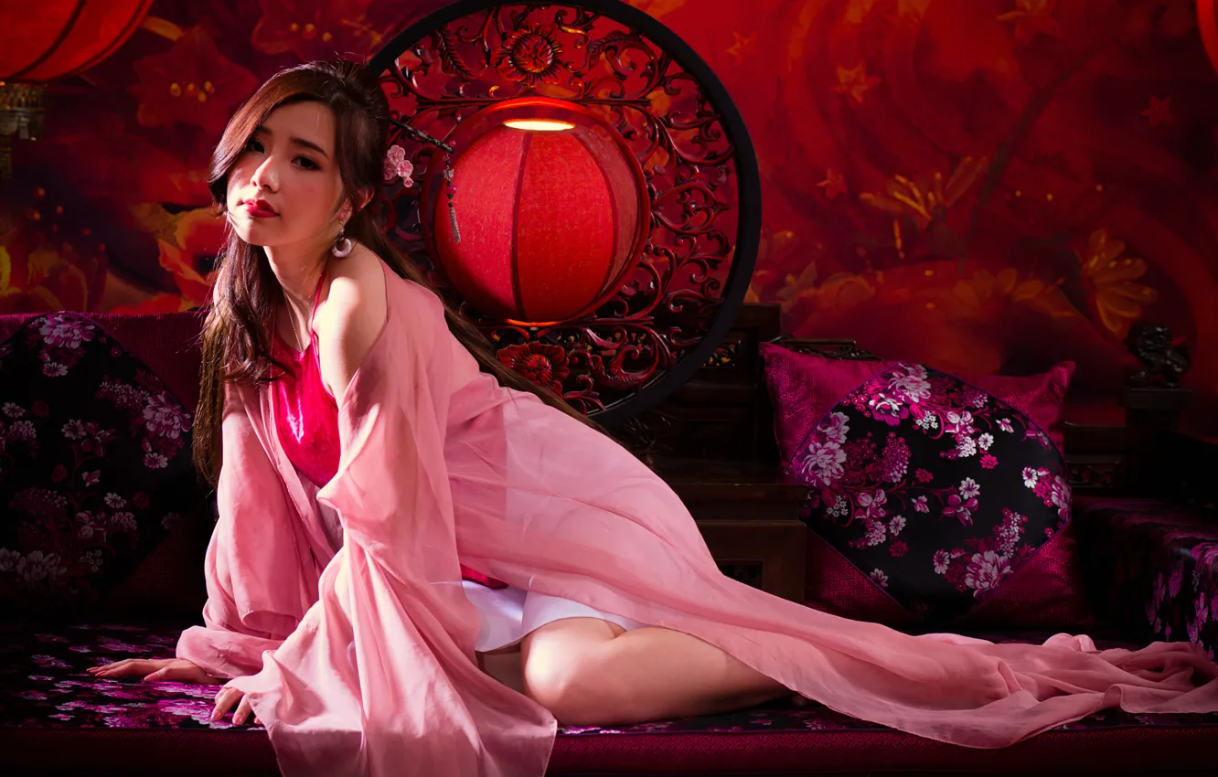 Photo wallpaper girl, red, background, color, lights, Asian, shawl, Chinese