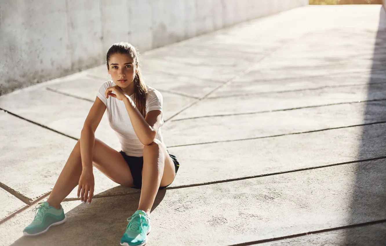 Photo wallpaper girl, athlete, sneakers, sportswear