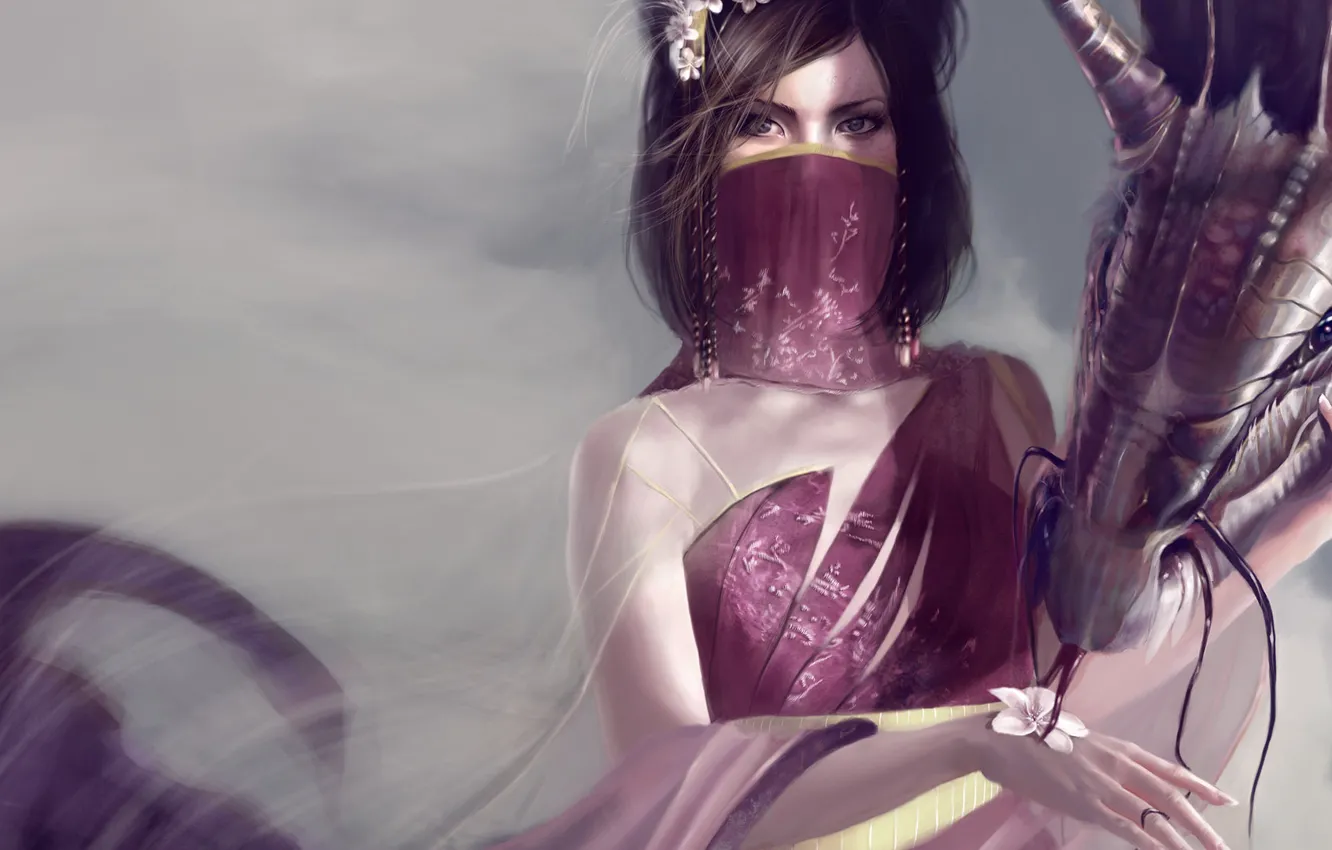 Photo wallpaper girl, fantasy, eyes, art, flowers, dragon, brunette, look