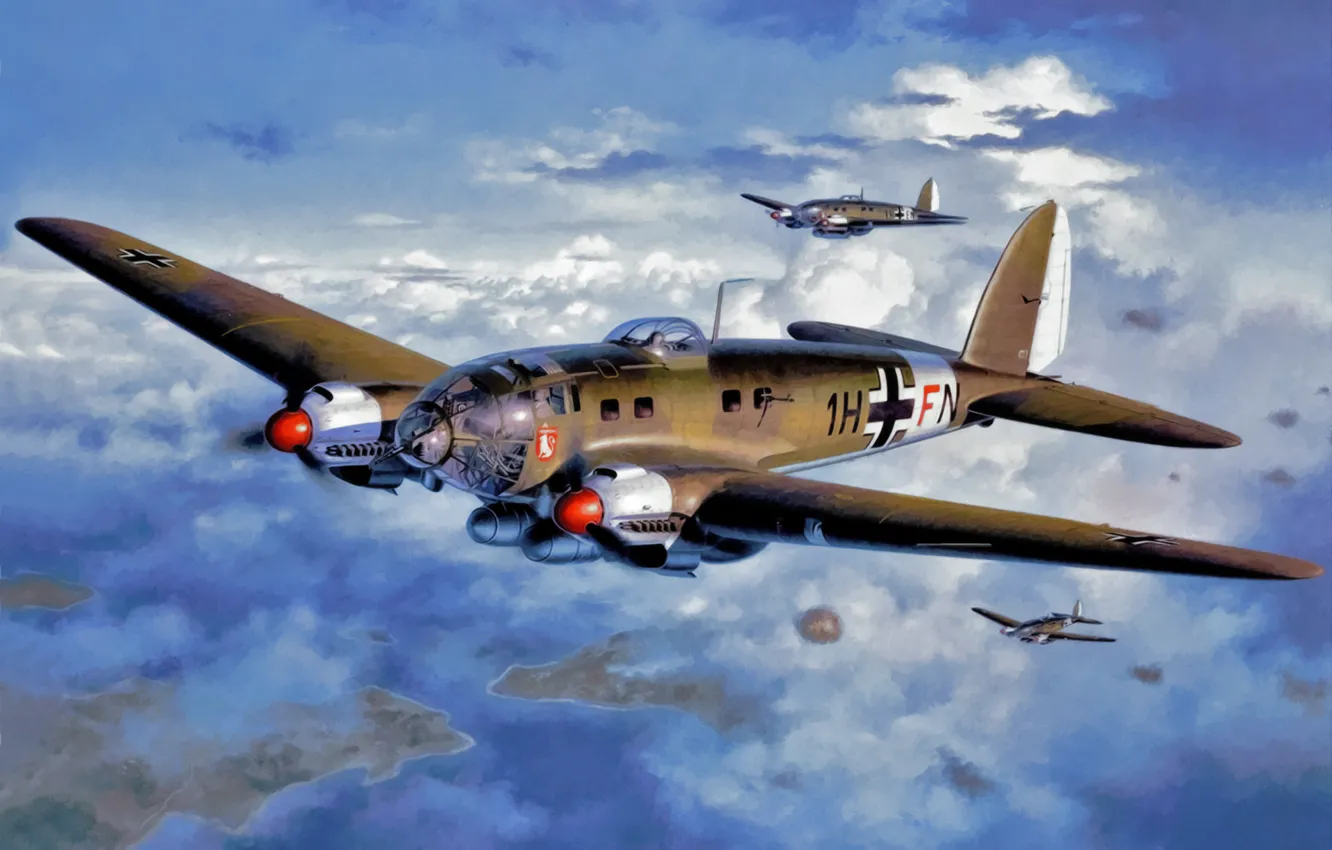 Photo wallpaper bomber, art, airplane, painting, aviation, Heinkel He 111, ww2.war