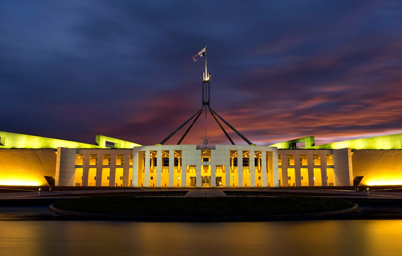 Photo wallpaper night, lights, Australia, Parliament, Canberra