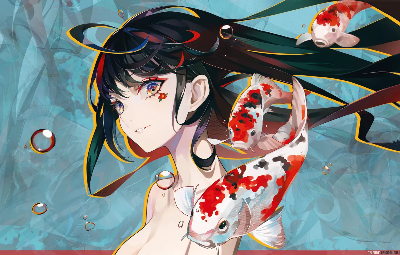 Photo wallpaper long hair, blue background, develop hair, air bubbles, koi, the girl's face