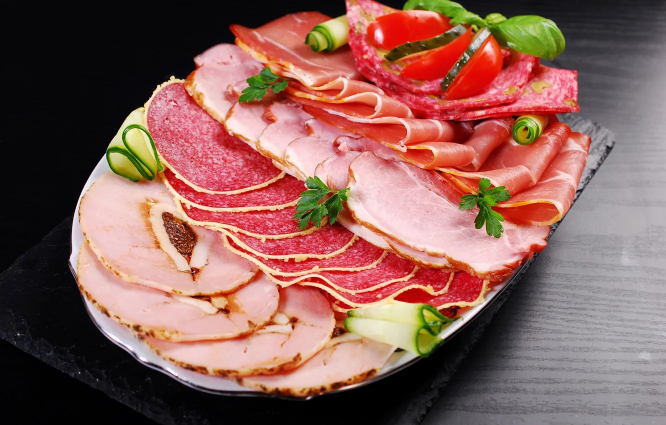 Photo wallpaper tomatoes, sausage, cutting, bacon, ham