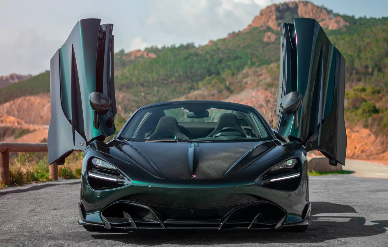 Photo wallpaper mountains, highway, sports car, exterior, Fury, McLaren 720s, open doors