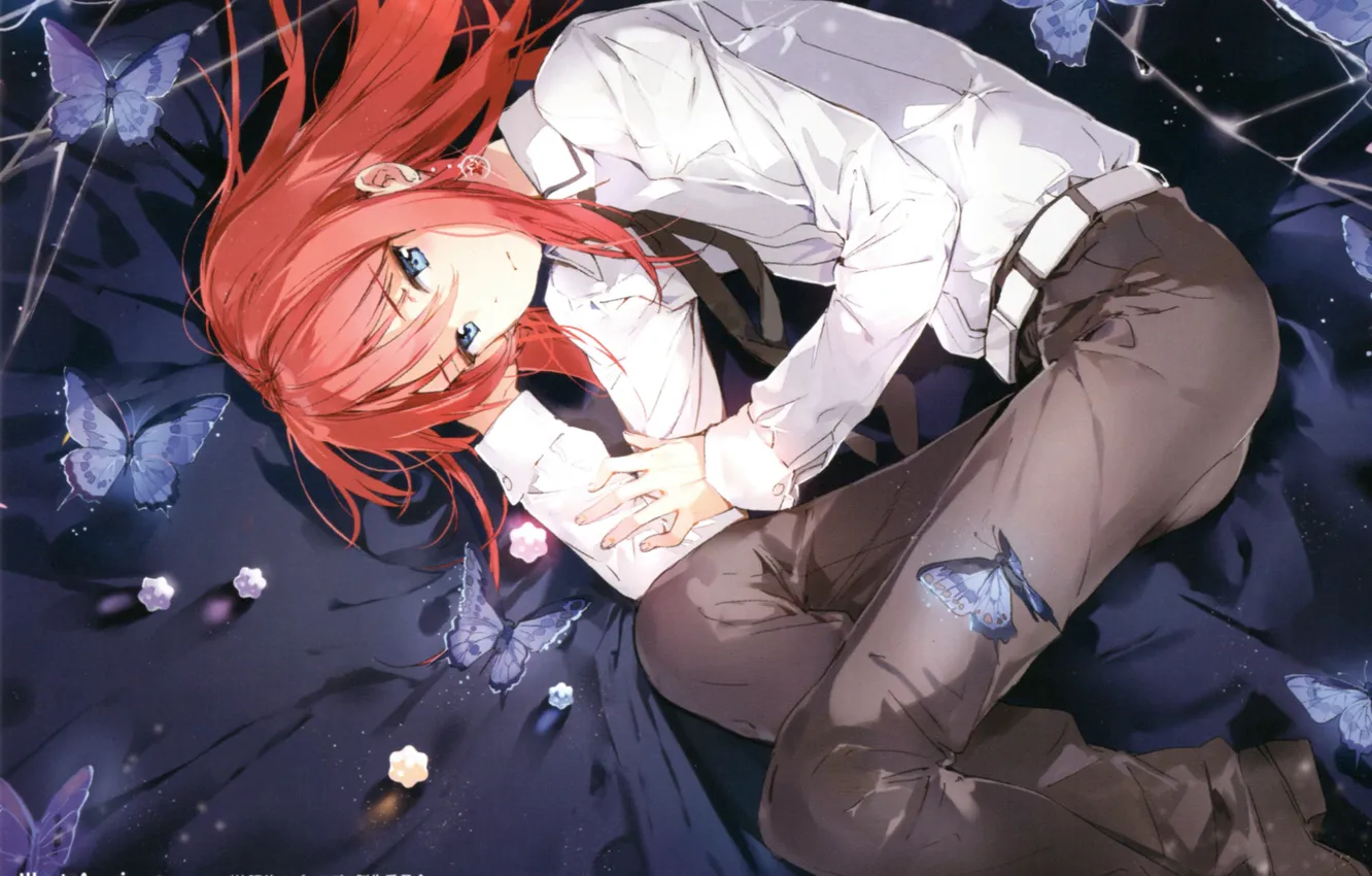 Photo wallpaper lights, butterfly, red, guy, strap, blue eyes, art, white shirt