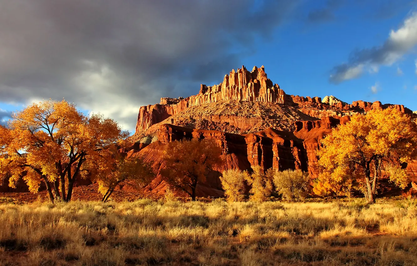 Photo wallpaper autumn, the sky, clouds, trees, mountains, rocks