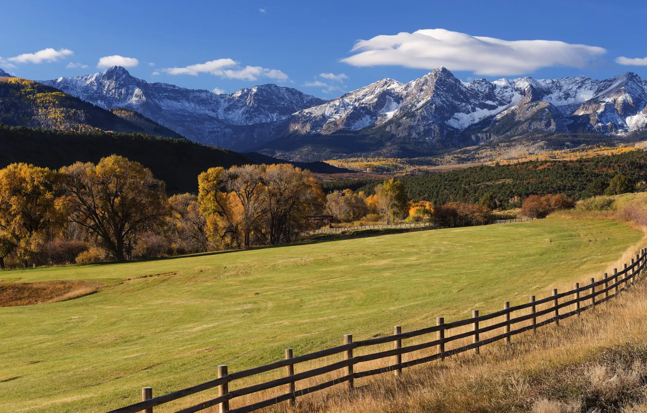 Photo wallpaper field, autumn, trees, mountains, the fence, Colorado, Colorado, San Juan Mountains