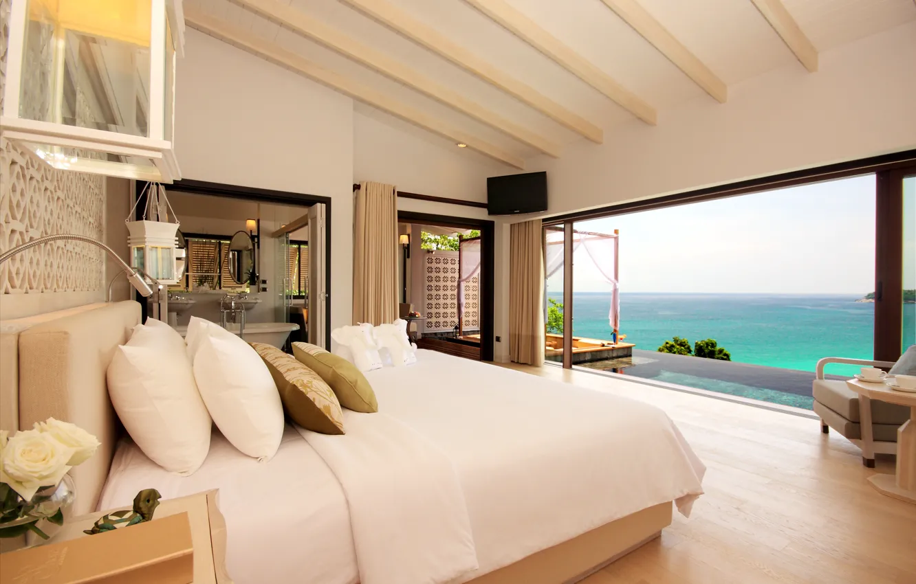 Photo wallpaper sea, flowers, style, roses, room, bedroom