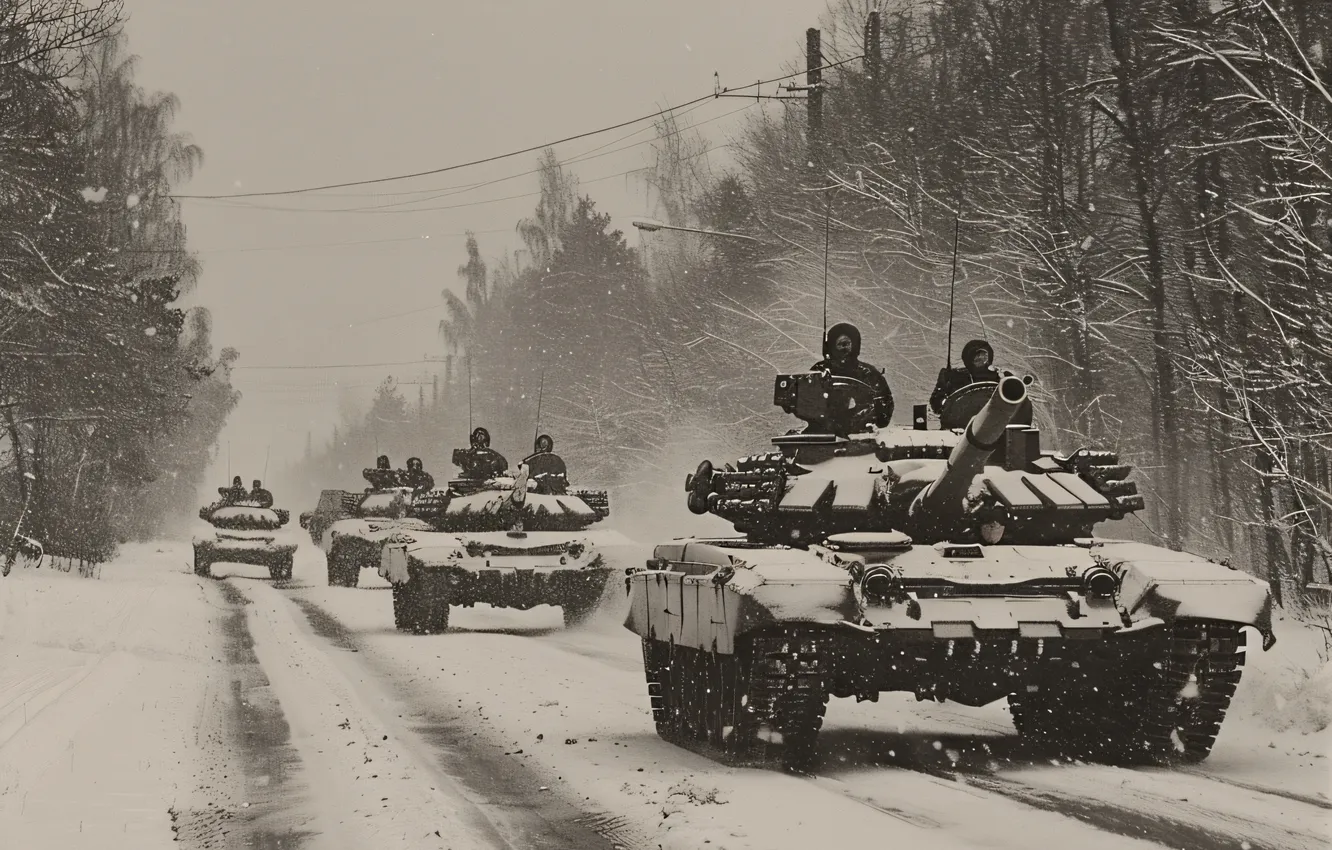 Photo wallpaper winter, road, snow, trees, retro, tank, columns, black and white