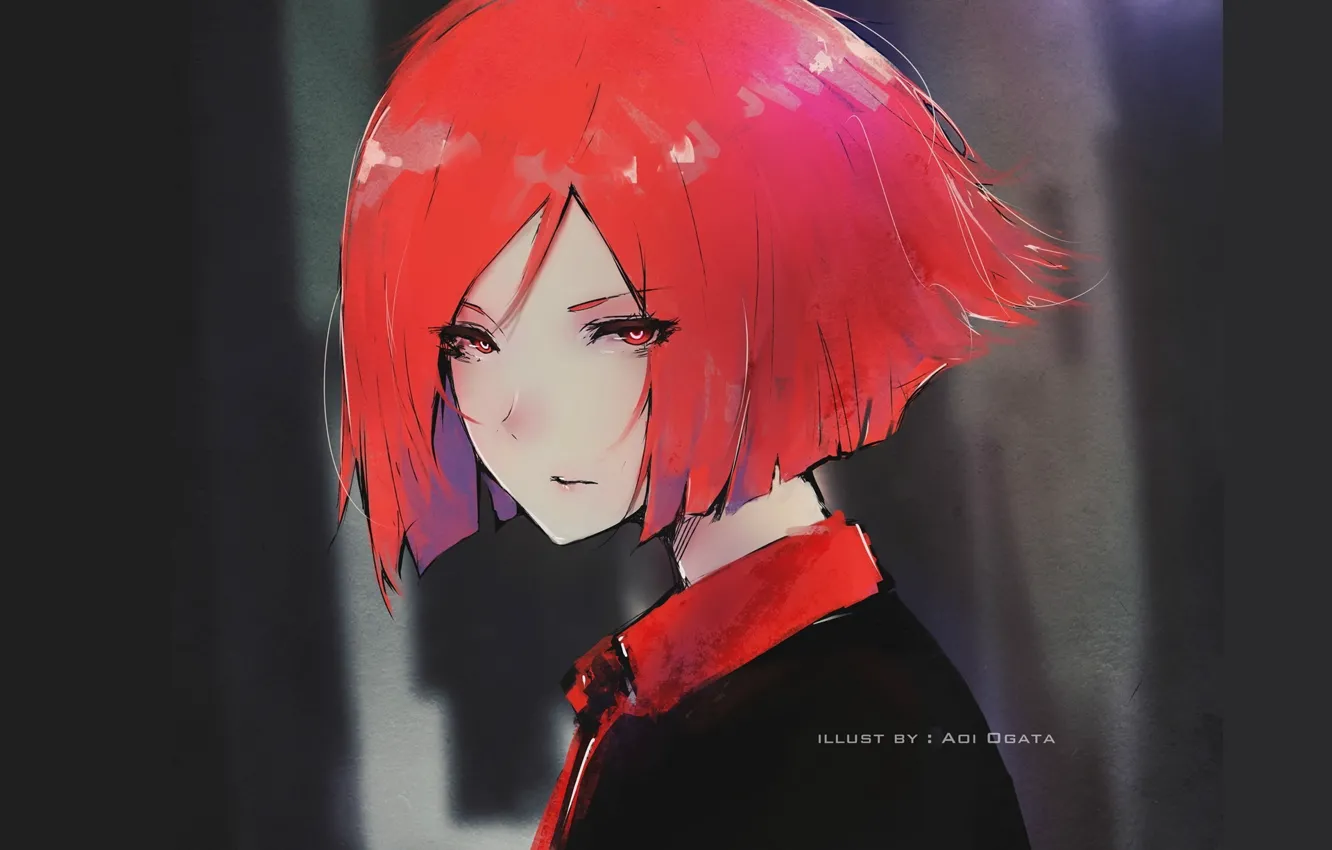 Photo wallpaper look, face, haircut, girl, the dark background, red hair, portrait of a girl, Aoi Ogata