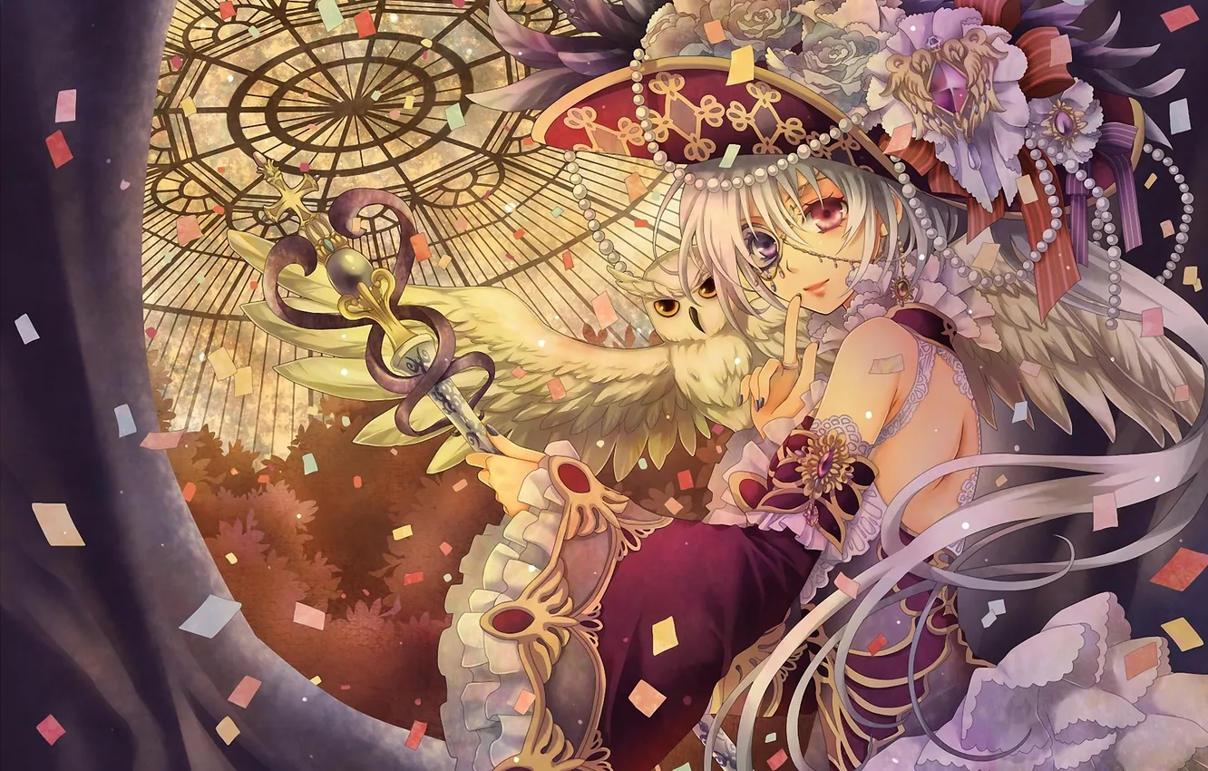 Photo wallpaper girl, flowers, owl, bird, hat, dress, beads, rod