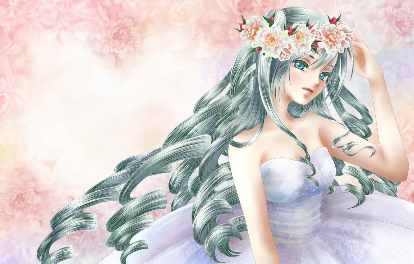 Photo wallpaper girl, flowers, background, dress, vocaloid, hatsune miku, wreath