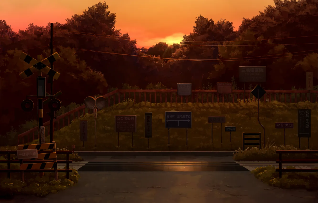 Photo wallpaper the sun, trees, sunset, sign, rails, the evening, Japan, art