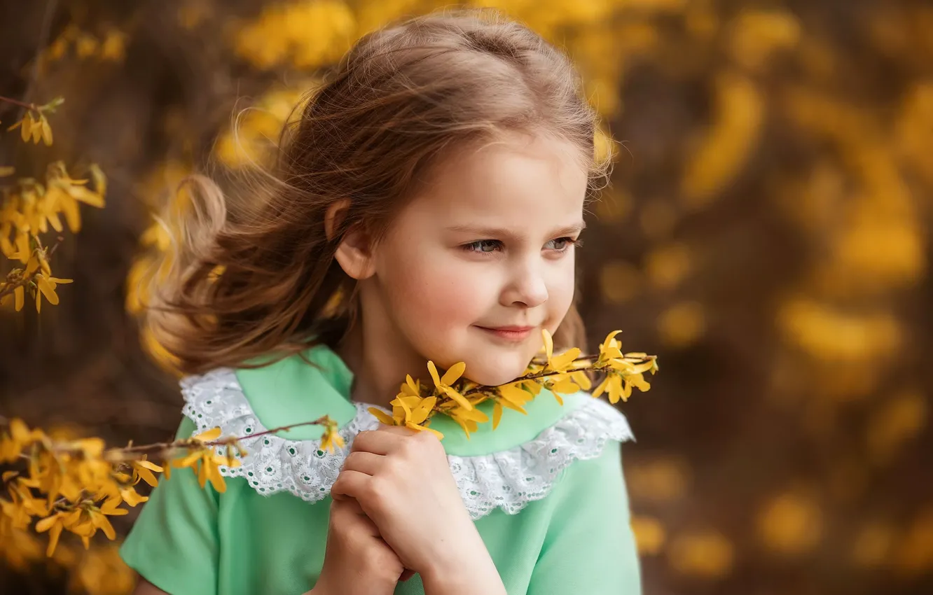 Photo wallpaper look, flowers, branches, portrait, spring, girl, flowering, forsythia