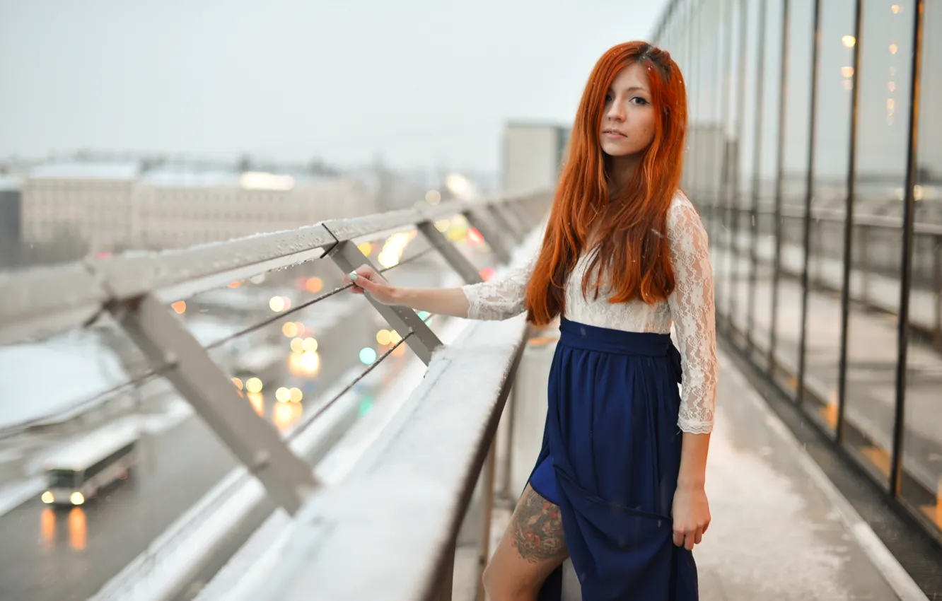 Photo wallpaper look, girl, face, background, hair, red, legs, tattoo