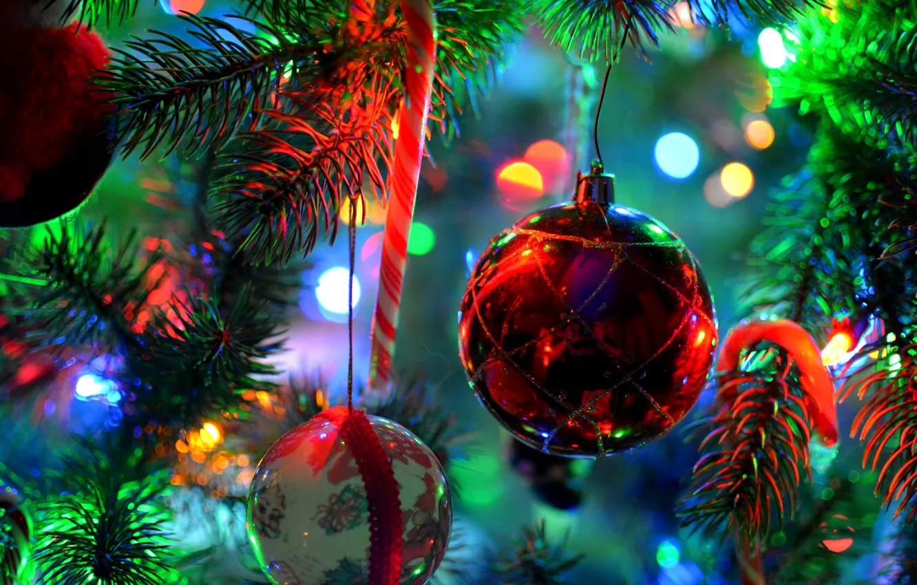 Photo wallpaper decoration, branches, lights, balls, toy, spruce