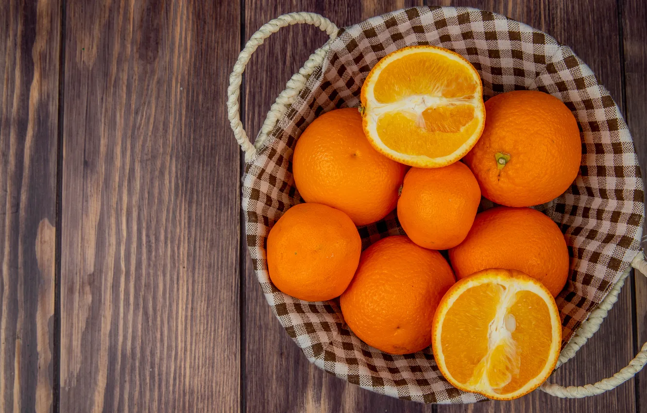 Photo wallpaper Board, orange, fabric, fruit, basket, halves, composition, tangerines